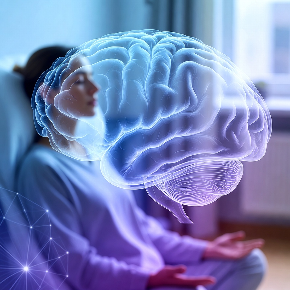 Patient receiving ketamine therapy, with a brain overlay representing neural pathways
