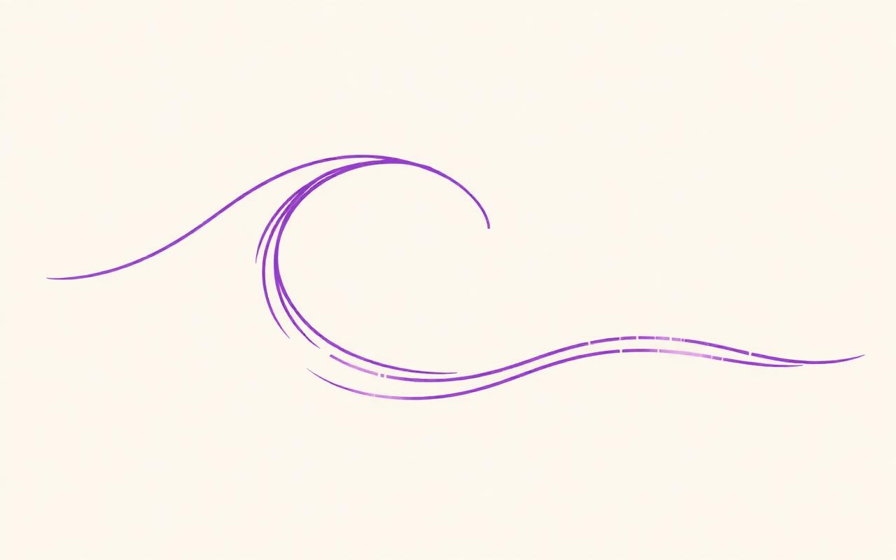 Minimalist purple ink line drawing of a single curling wave on a warm off-white background