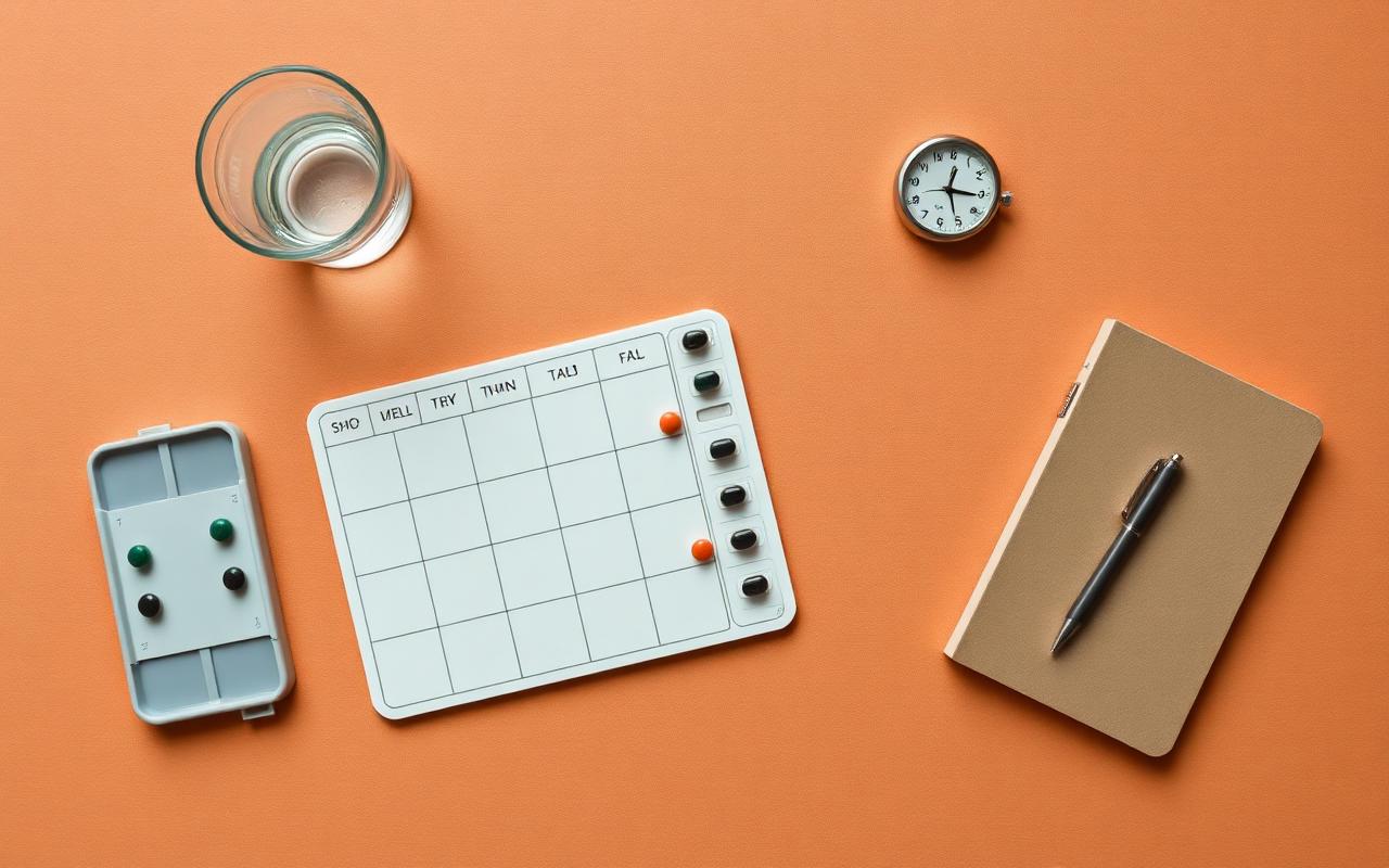 Flat lay of a weekly pill organizer, a glass of water, a small clock, and a notebook on a soft linen background