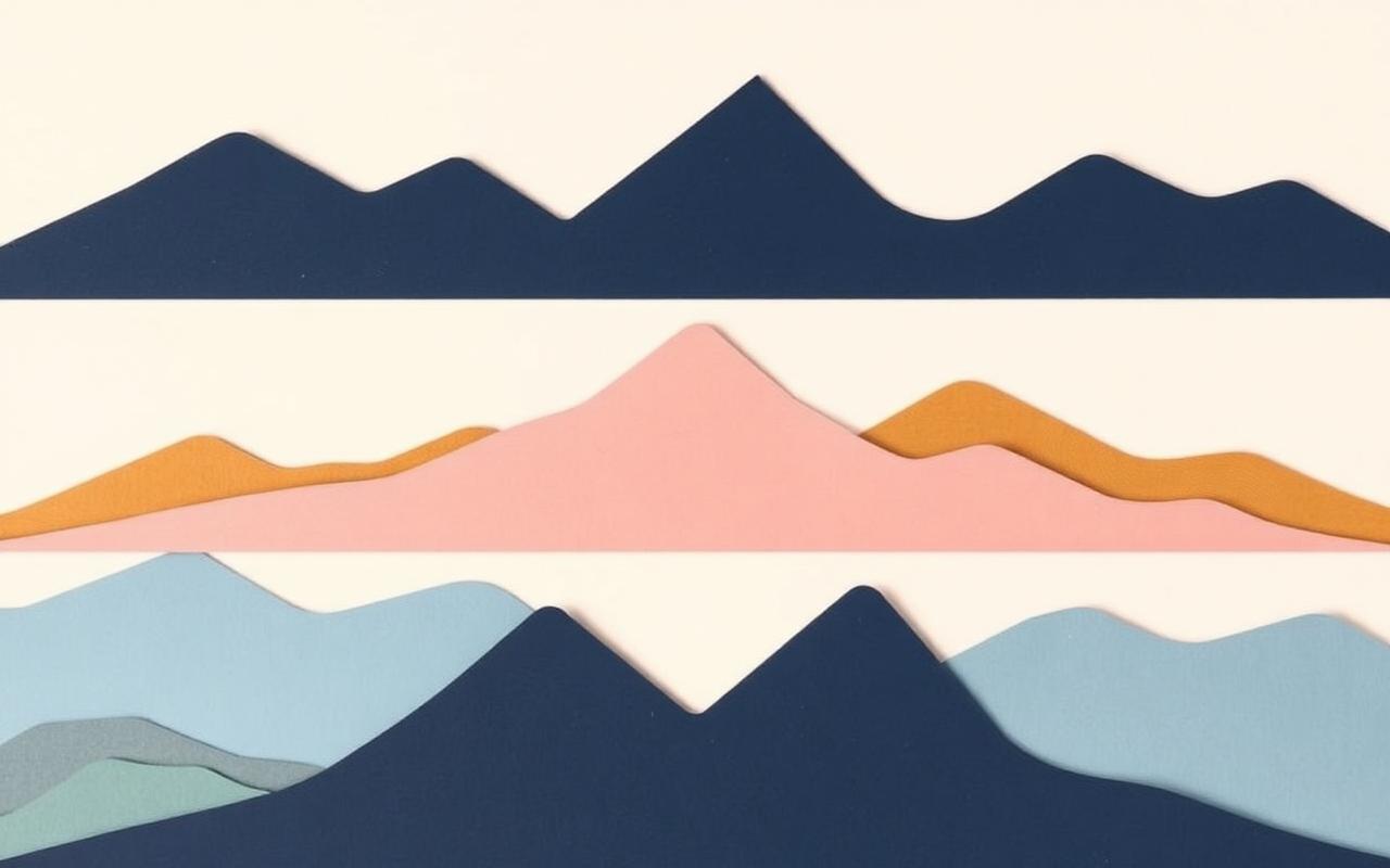 Paper-cut collage of layered mountain shapes in navy, mustard, and blush representing distance and hope