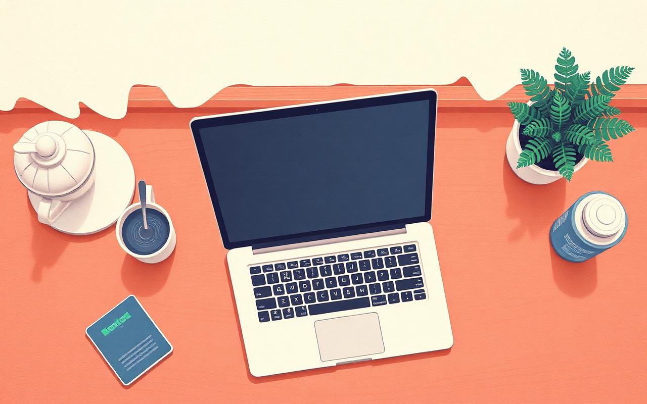 Top-down illustration of a laptop, mug, and small fern on a warm terracotta desk for a virtual visit